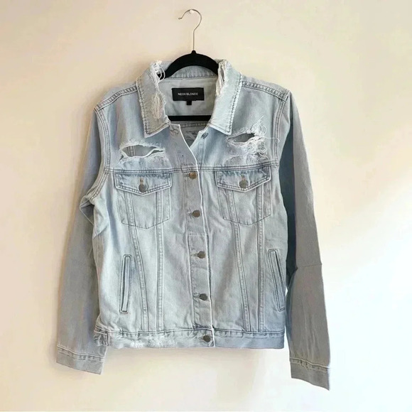 Urban Outfitters Neon Blonde Jean Jacket Light Wash Denim Distressed Blue Small - Picture 8 of 16